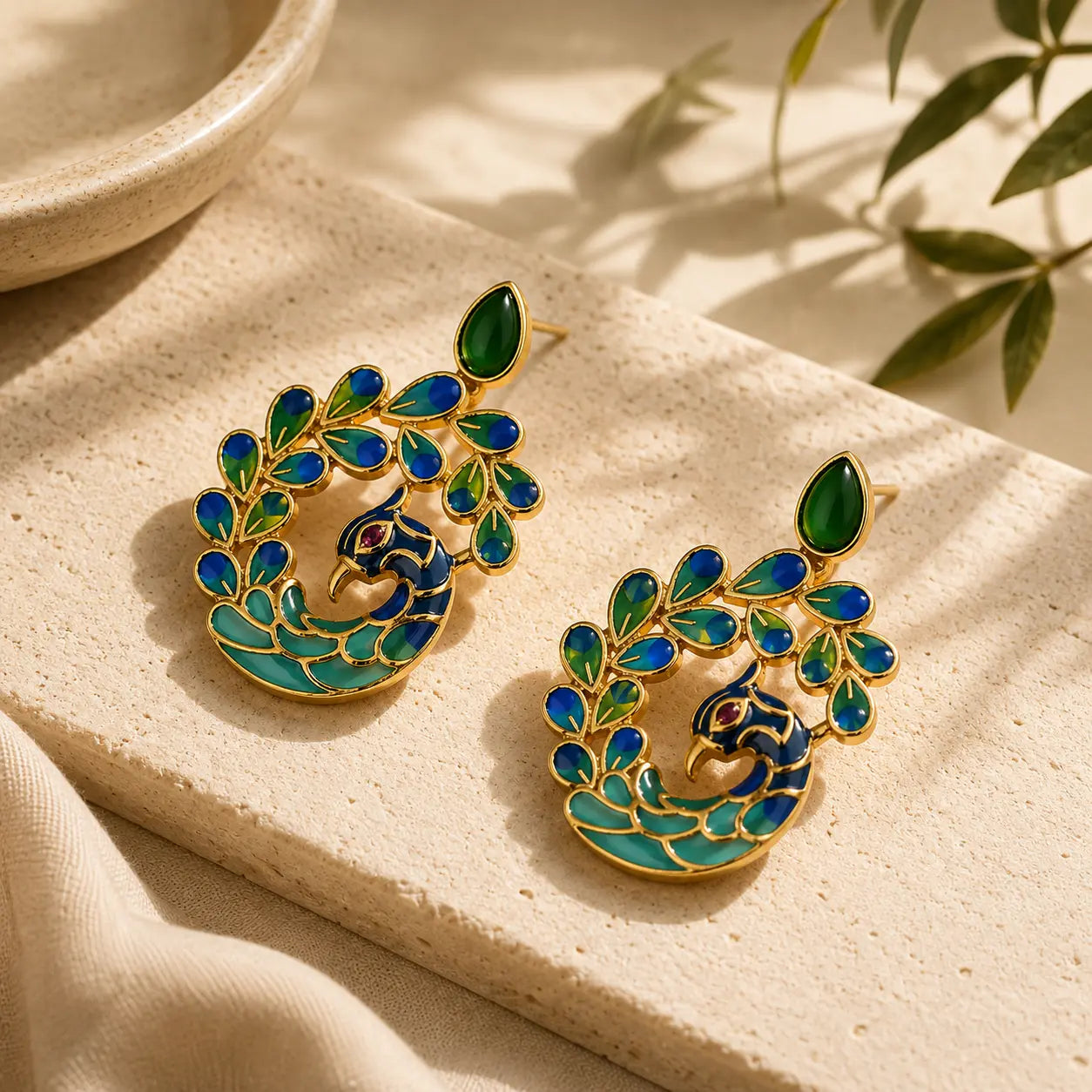 Green Agate Peacock Earrings detail view with agate