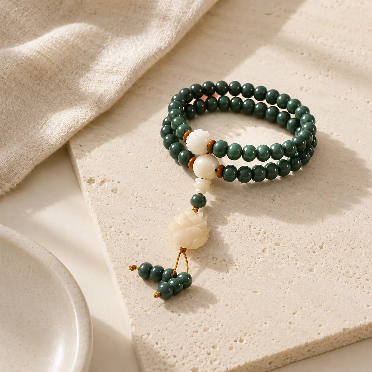 Green Bodhi Root Double Circle Bracelet detail view with bodhi