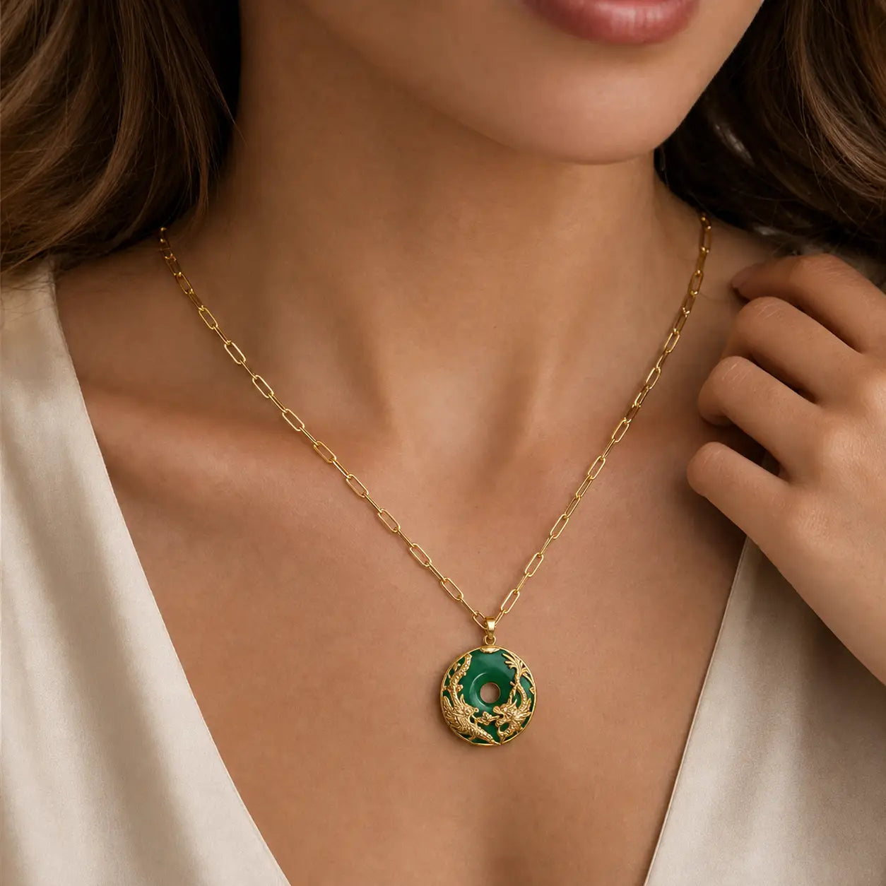 Verdant Vitality Dragon Pendant worn as a green jade necklace