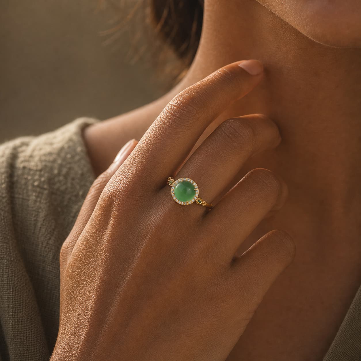 Close-up of Green Jade Fortune Ring with green jade