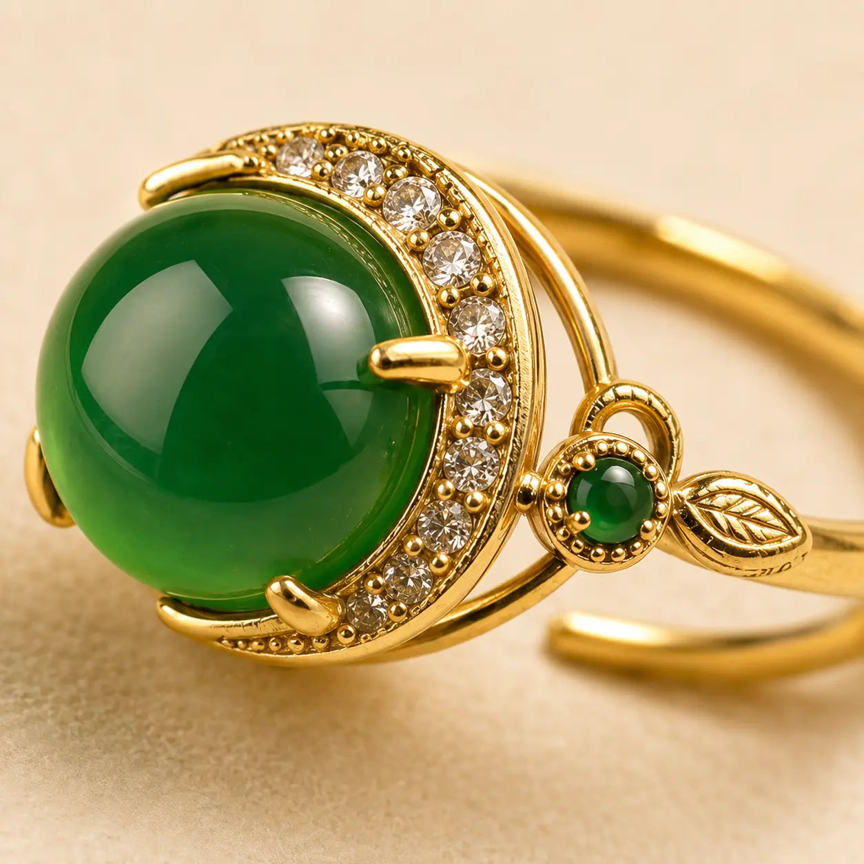 Green Jade Fortune Ring shown from another angle with green jade