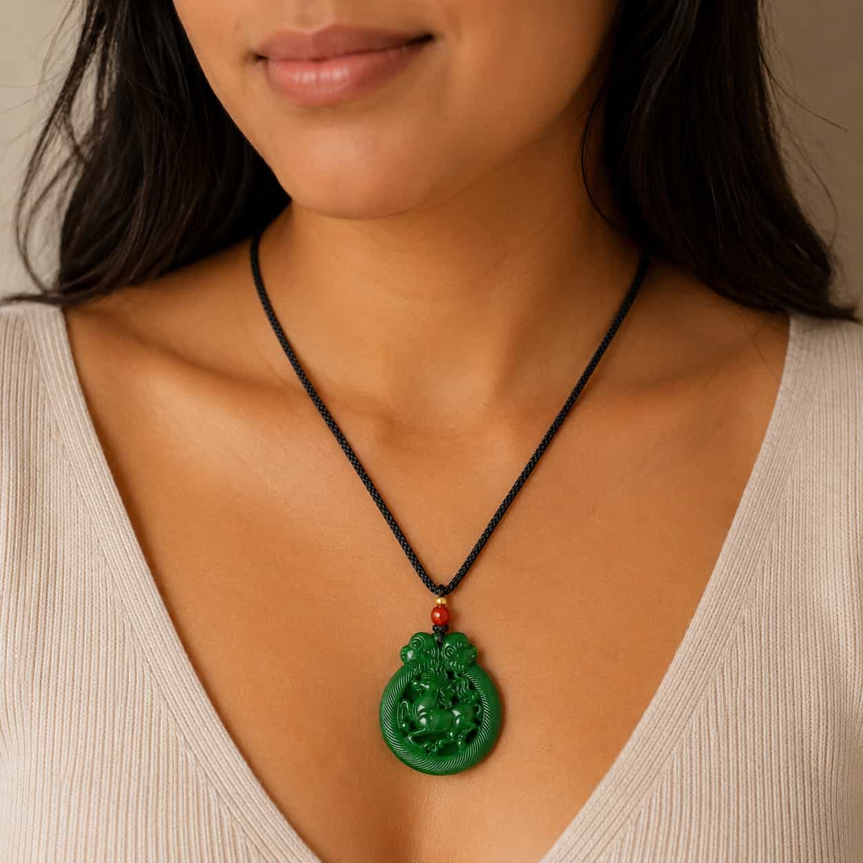 Close-up of Green Jade Horse Pendant Necklace with green jade