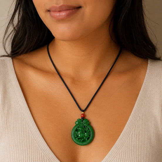 Close-up of Green Jade Horse Pendant Necklace with green jade
