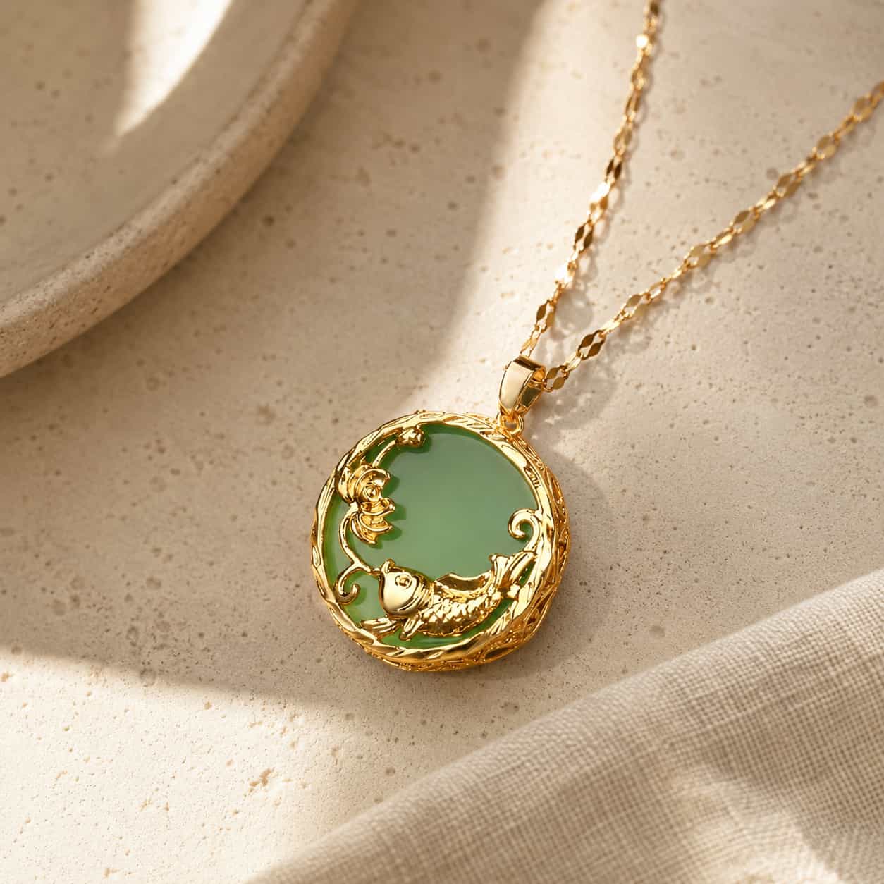 Close-up of Green Jade Koi Fish Pendant Necklace with green jade and koi