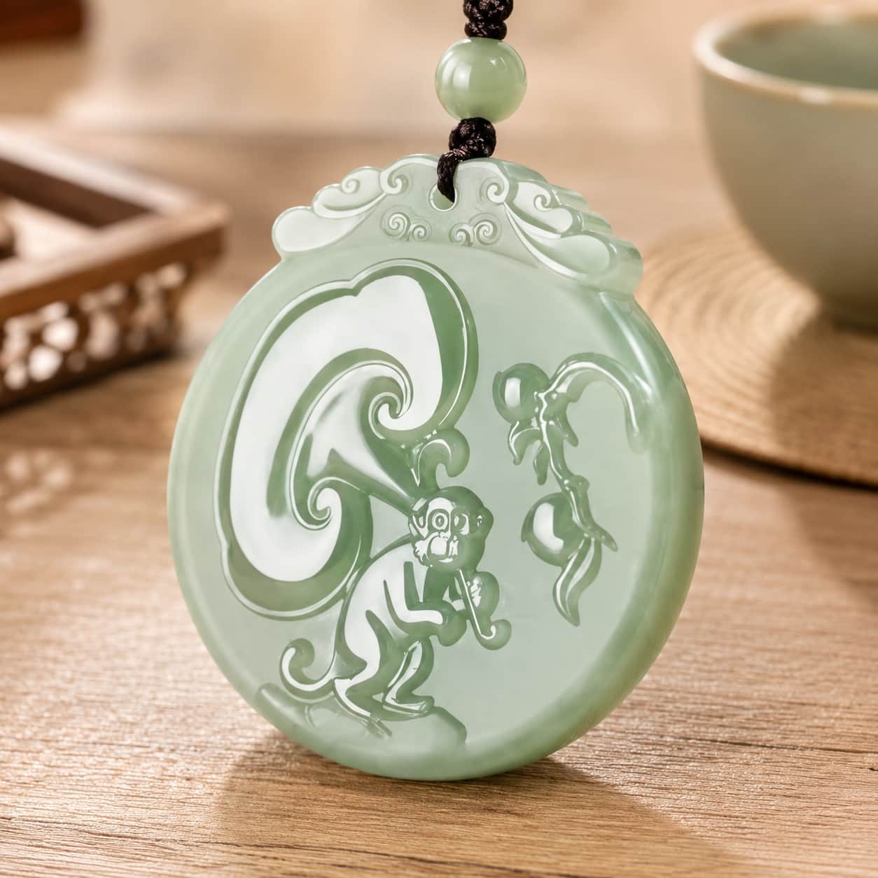 Green Jade Monkey Zodiac Pendant detail view with green jade