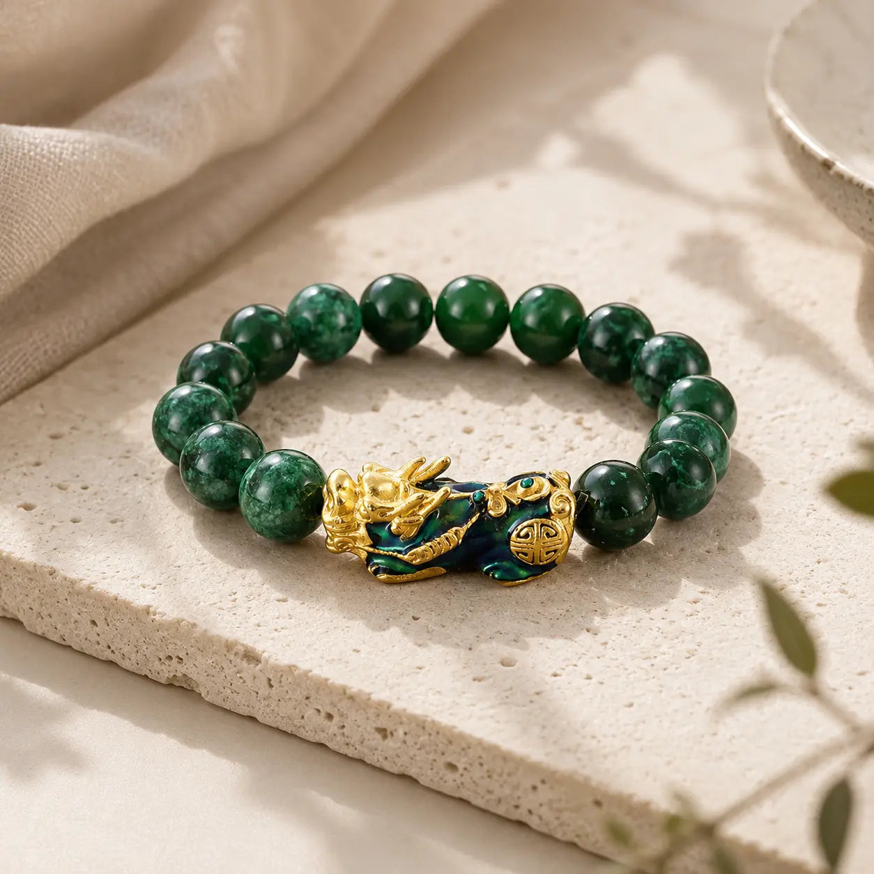 Green Jade Pixiu Bracelet detail view with green jade and pixiu
