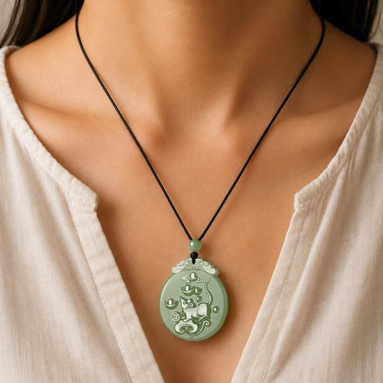 Close-up of Green Jade Rat Zodiac Pendant with green jade