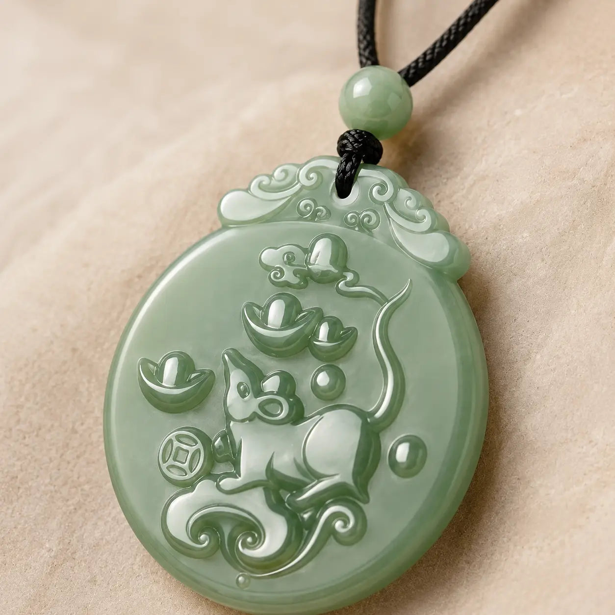 Green Jade Rat Zodiac Pendant shown from another angle with green jade