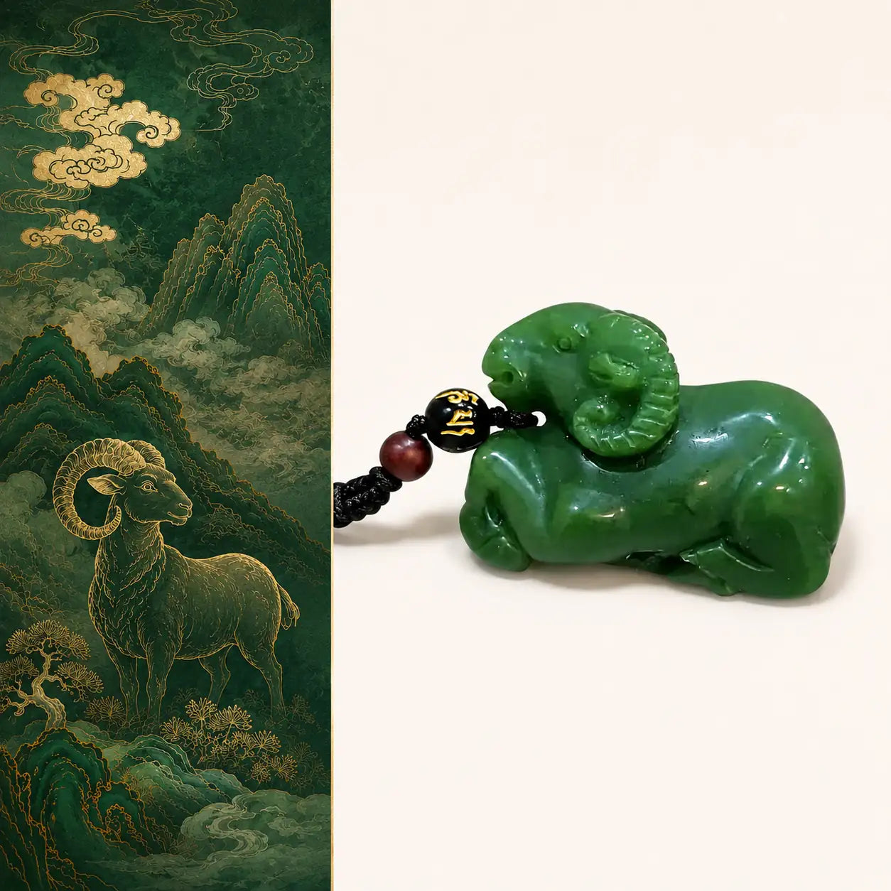 Green Jade Zodiac Goat Pendant shown from alternate angle with zodiac goat detail