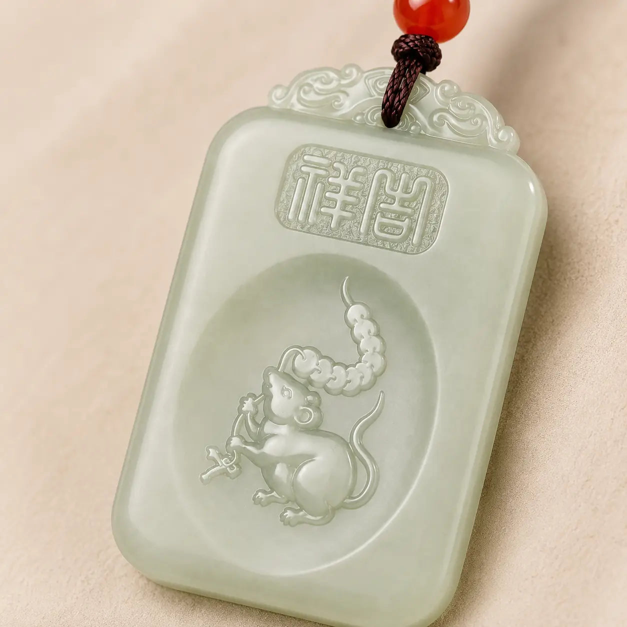 Greenish White Jade Rat Zodiac Guardian Pendant shown from another angle with white jade