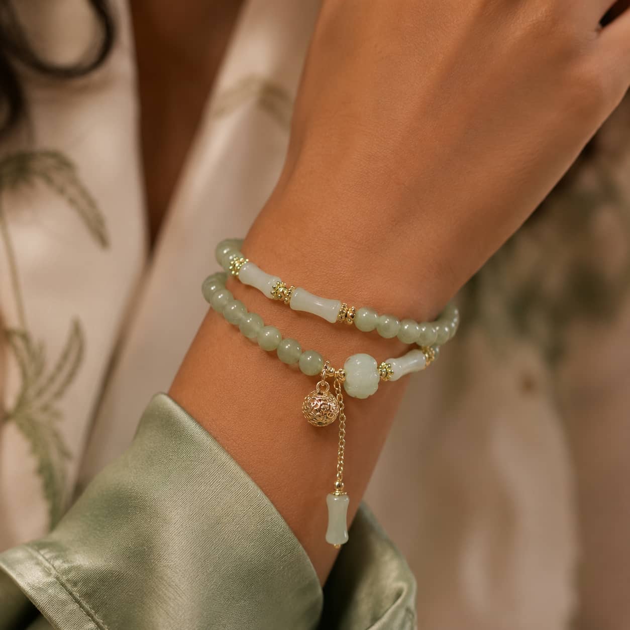 Hetian Jade Bamboo Knot Bracelet alternate view showing layered jade bead structure by TheFuMaster