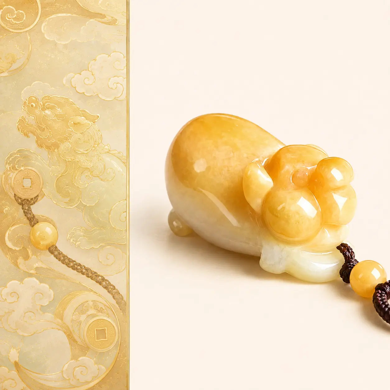 Honey Jade Fortune Pig Pendant with warm yellow jade tone and zodiac pig carving by TheFuMaster