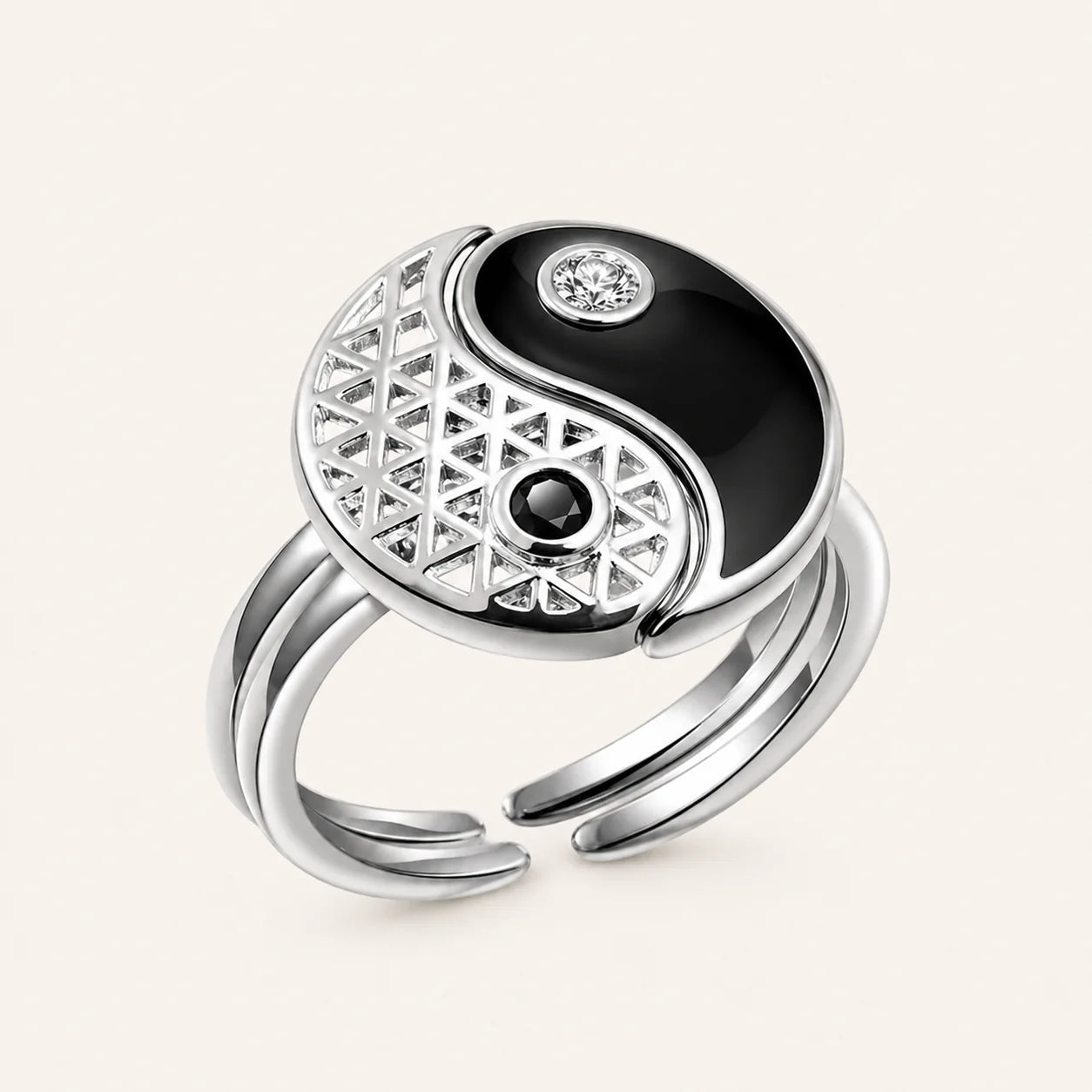 Yin Yang Black Enamel Hollow Couple Ring Set