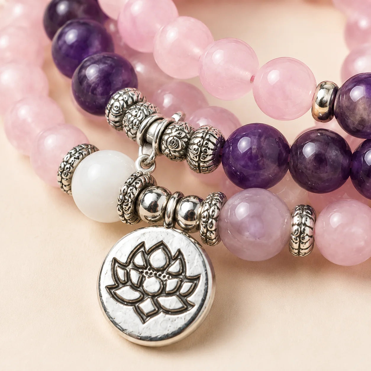 Rose and Plum Lotus 108-Bead Mala Necklace