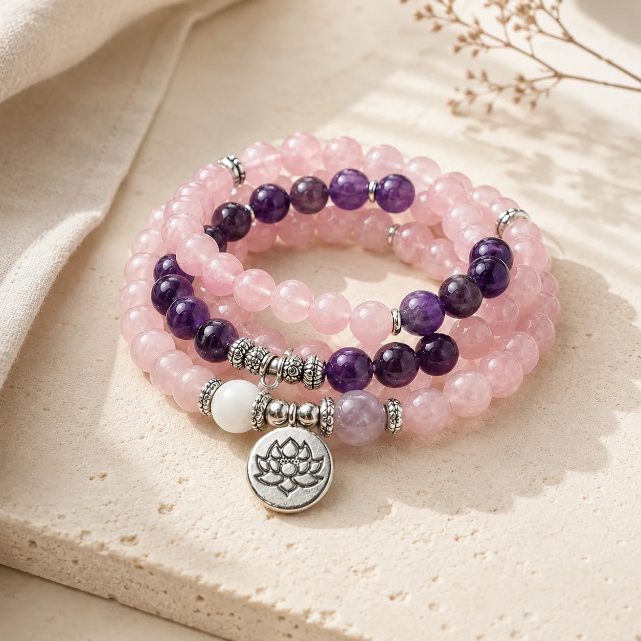 Rose and Plum Lotus 108-Bead Mala Necklace