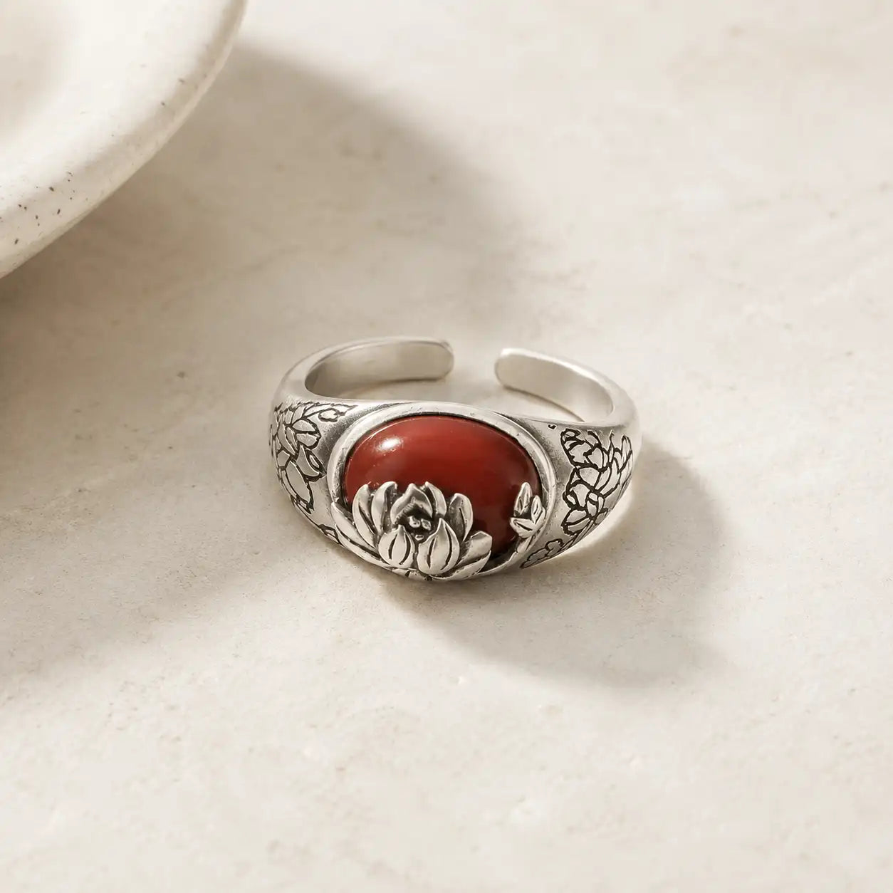 Red Agate Lotus Ring