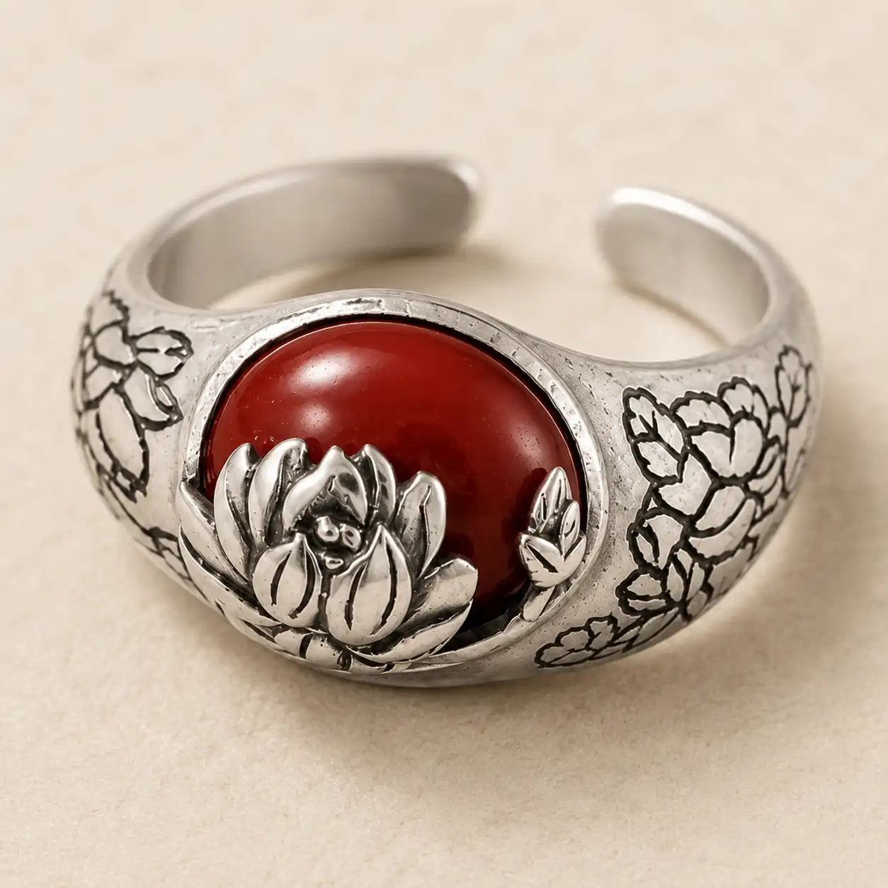 Red Agate Lotus Ring
