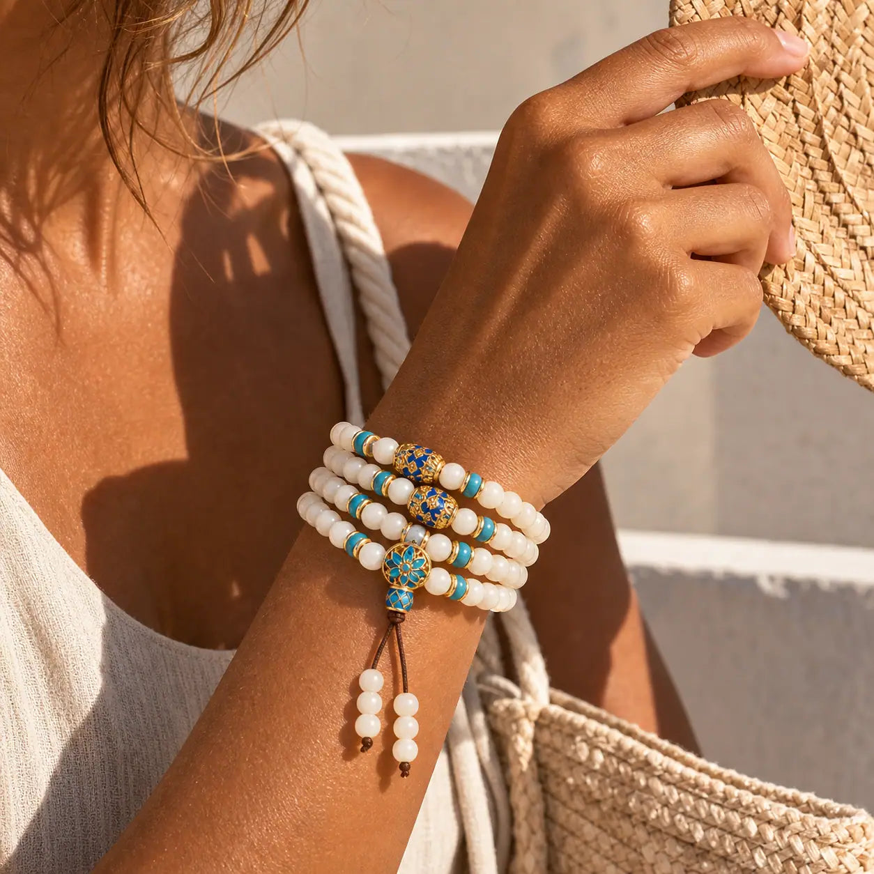 Clear Thought White Bodhi Root Cloisonne Bead Bracelet