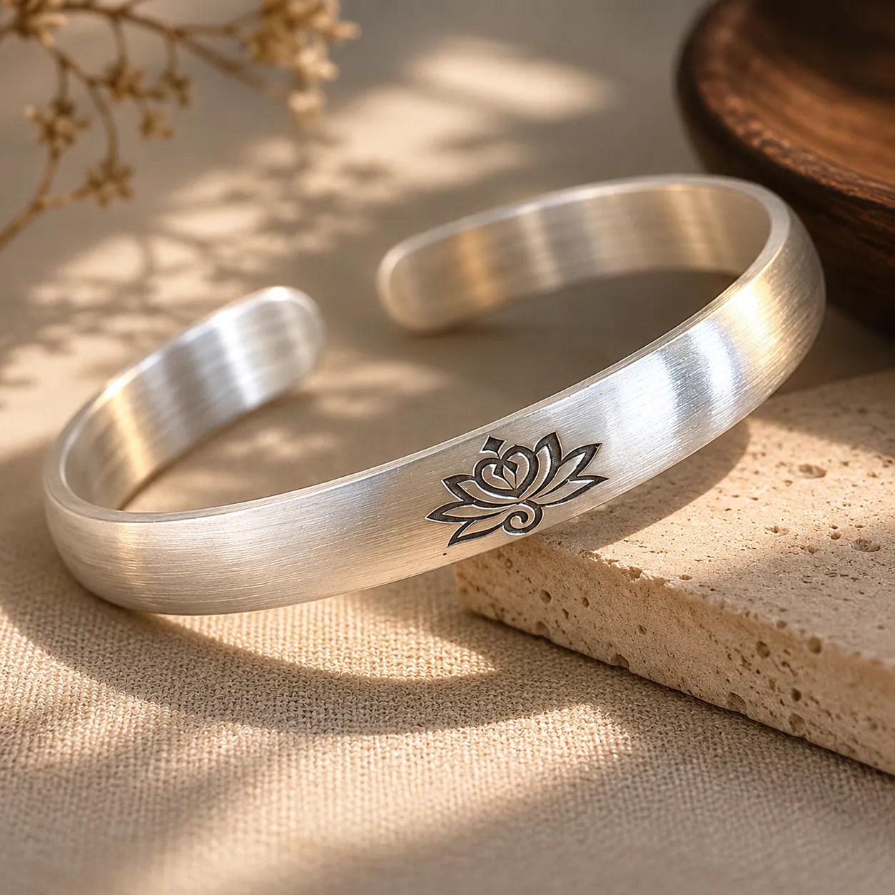 Lotus Classical Text Silver Cuff