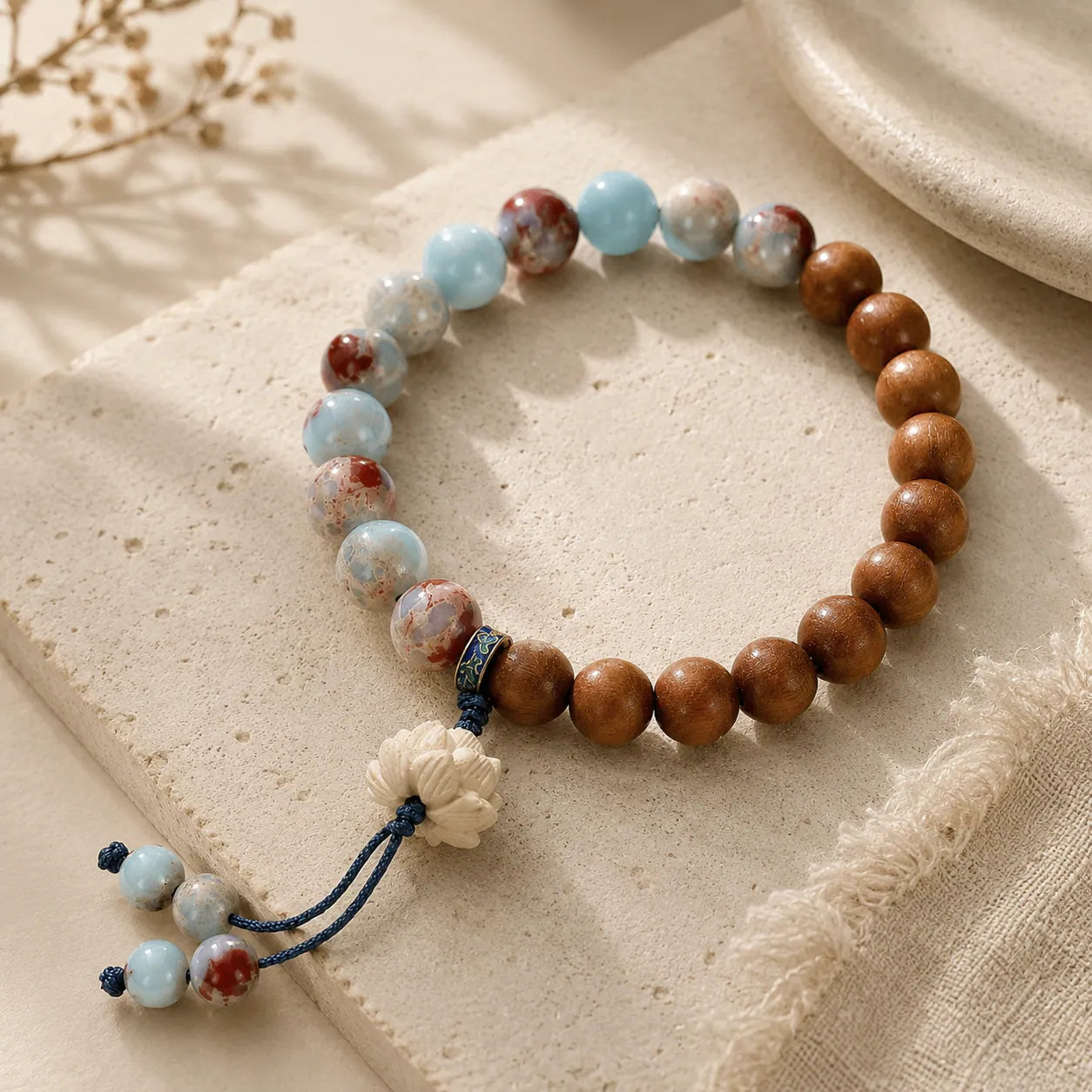 Shoushan Stone & Golden Sandalwood Lotus Bracelet