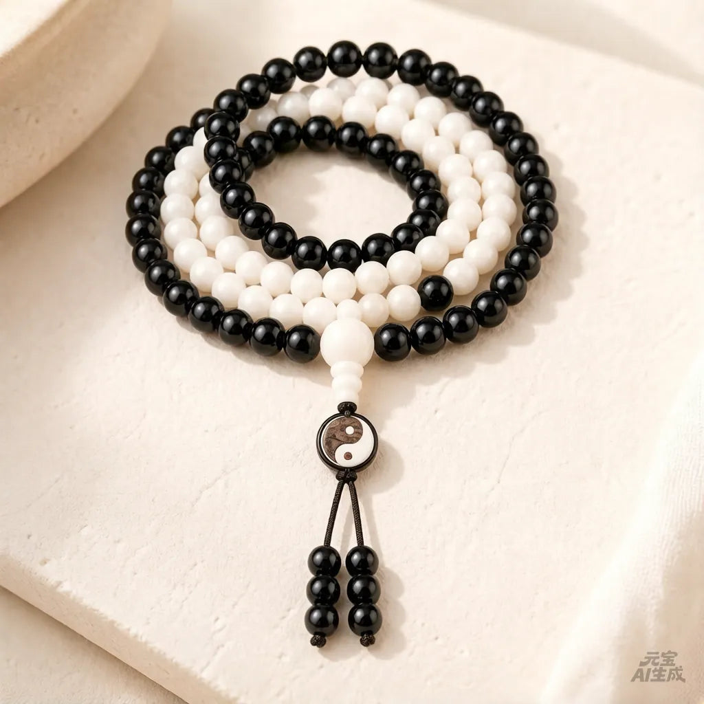 Two Forces White Jade Ebony Yin Yang 108-Bead Mala