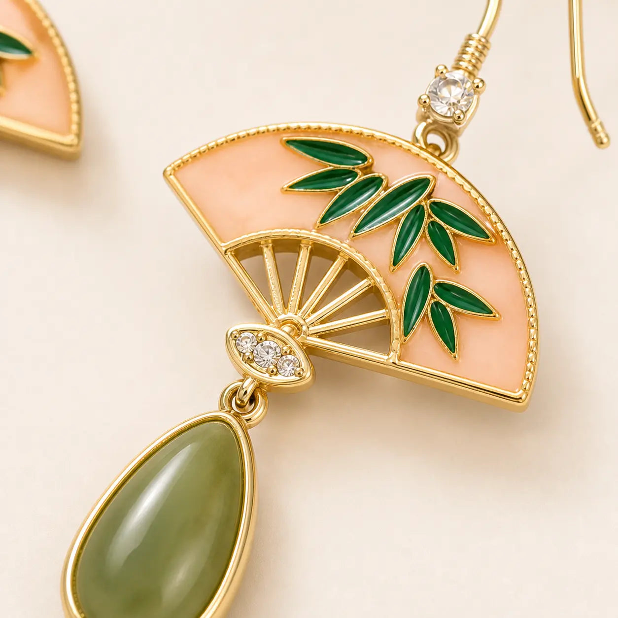 Still Grace Gold Bamboo Fan Jade Drop Earrings