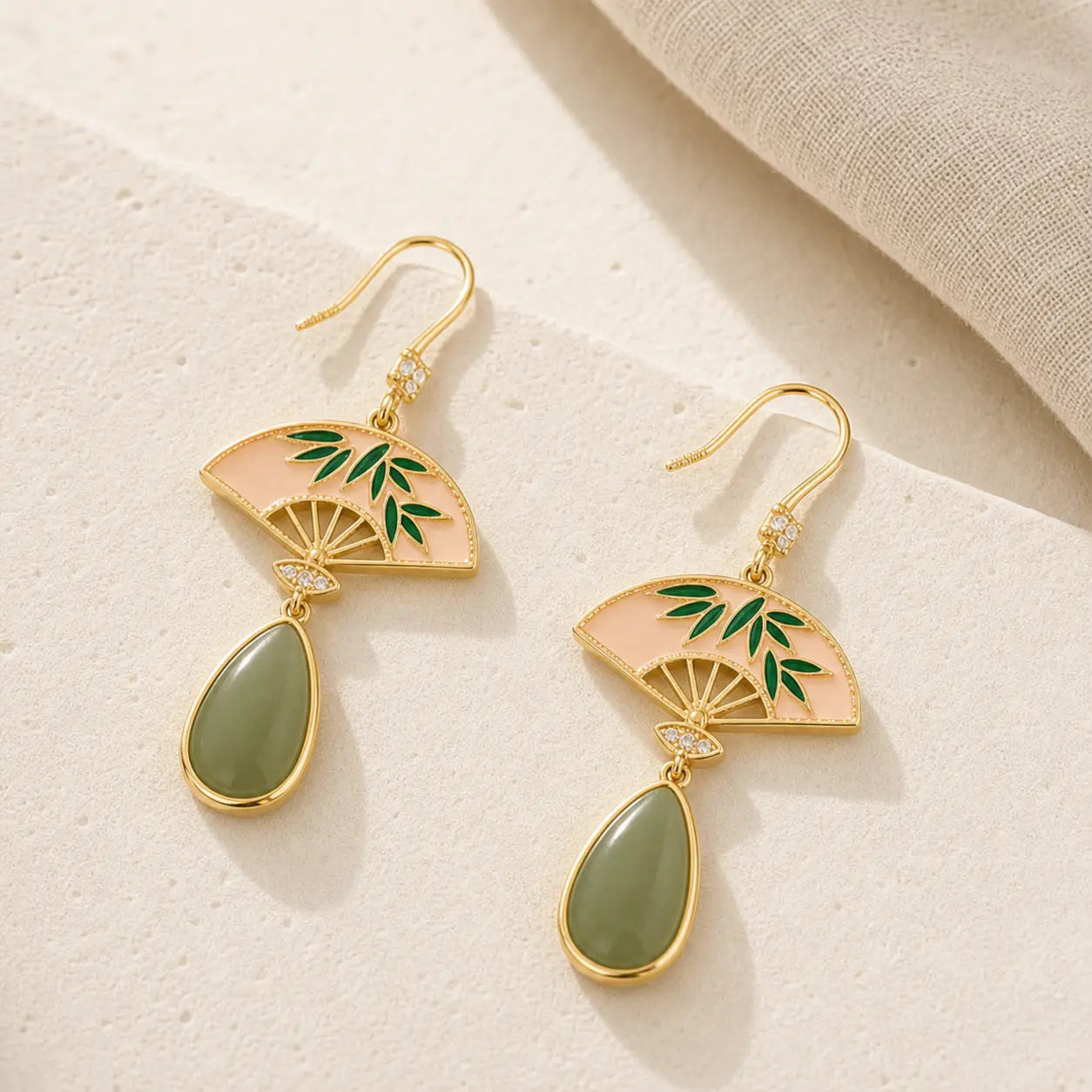 Still Grace Gold Bamboo Fan Jade Drop Earrings