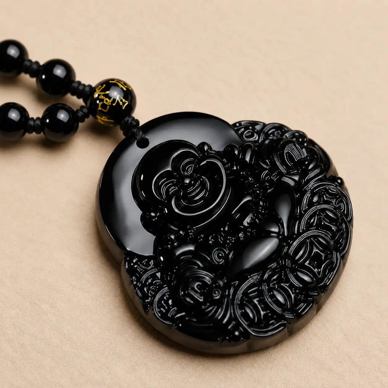 Obsidian Laughing Fortune Symbol Pendant