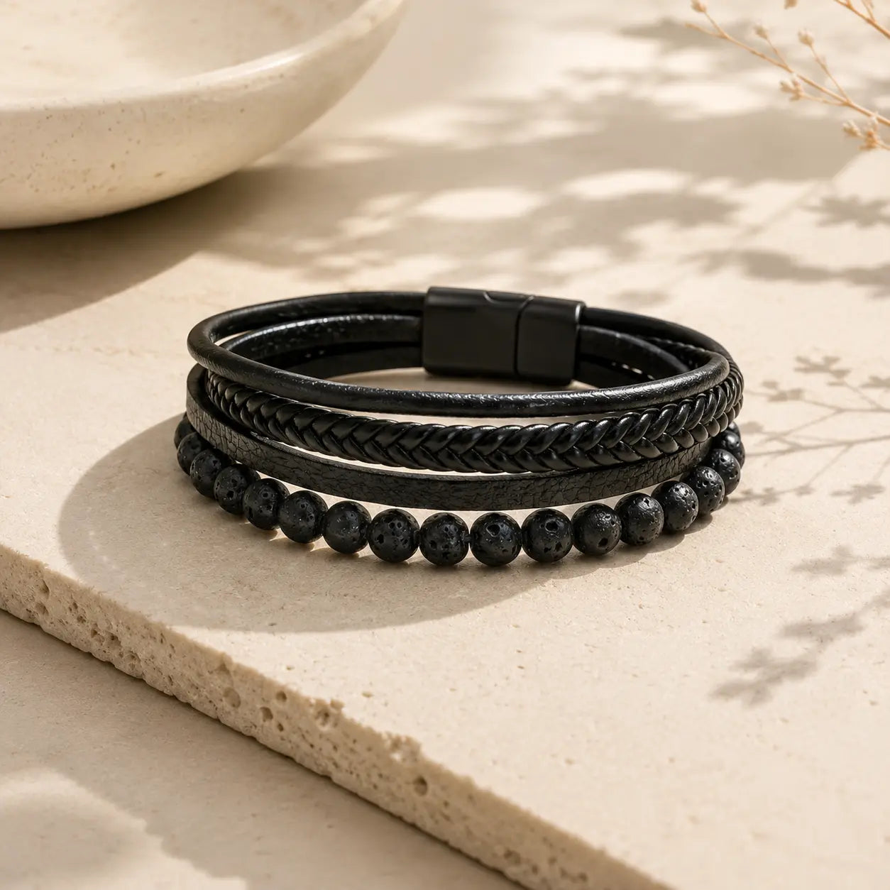 Black Stone Leather Bracelet