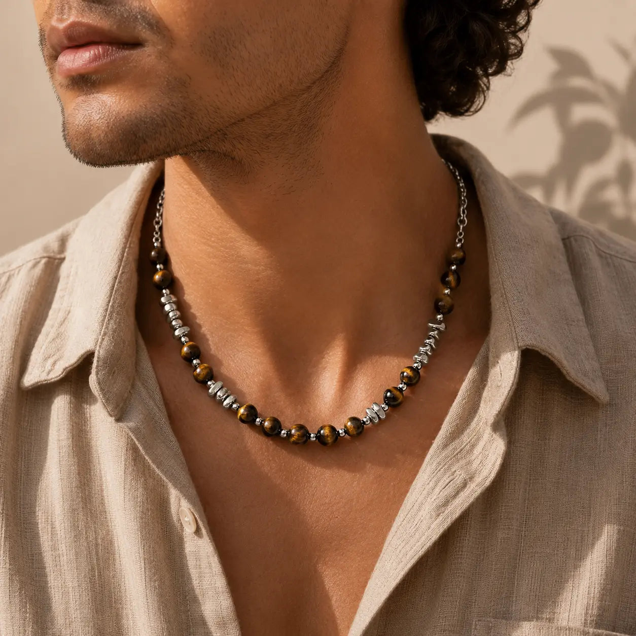 Tiger Eye Silver Bead Protection Necklace