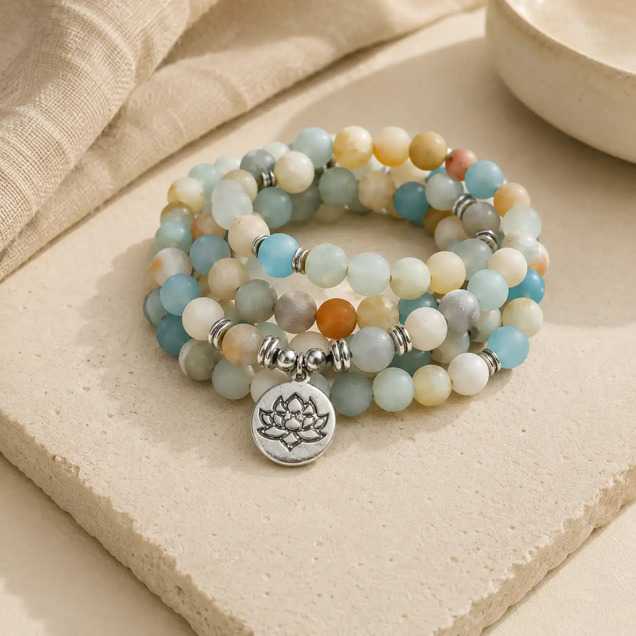 Mixed Stone 108-Bead Lotus Mala