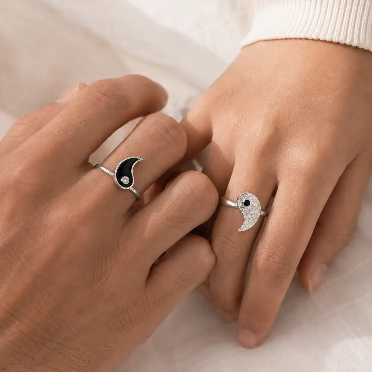 Yin Yang Black Enamel Hollow Couple Ring Set
