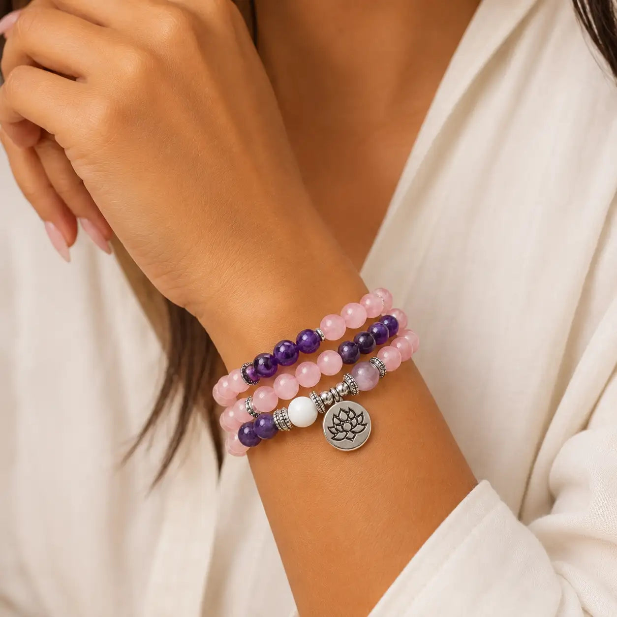 Rose and Plum Lotus 108-Bead Mala Necklace