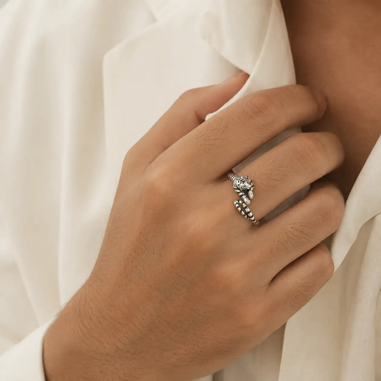 Silver Zodiac Tiger Adjustable Open Ring
