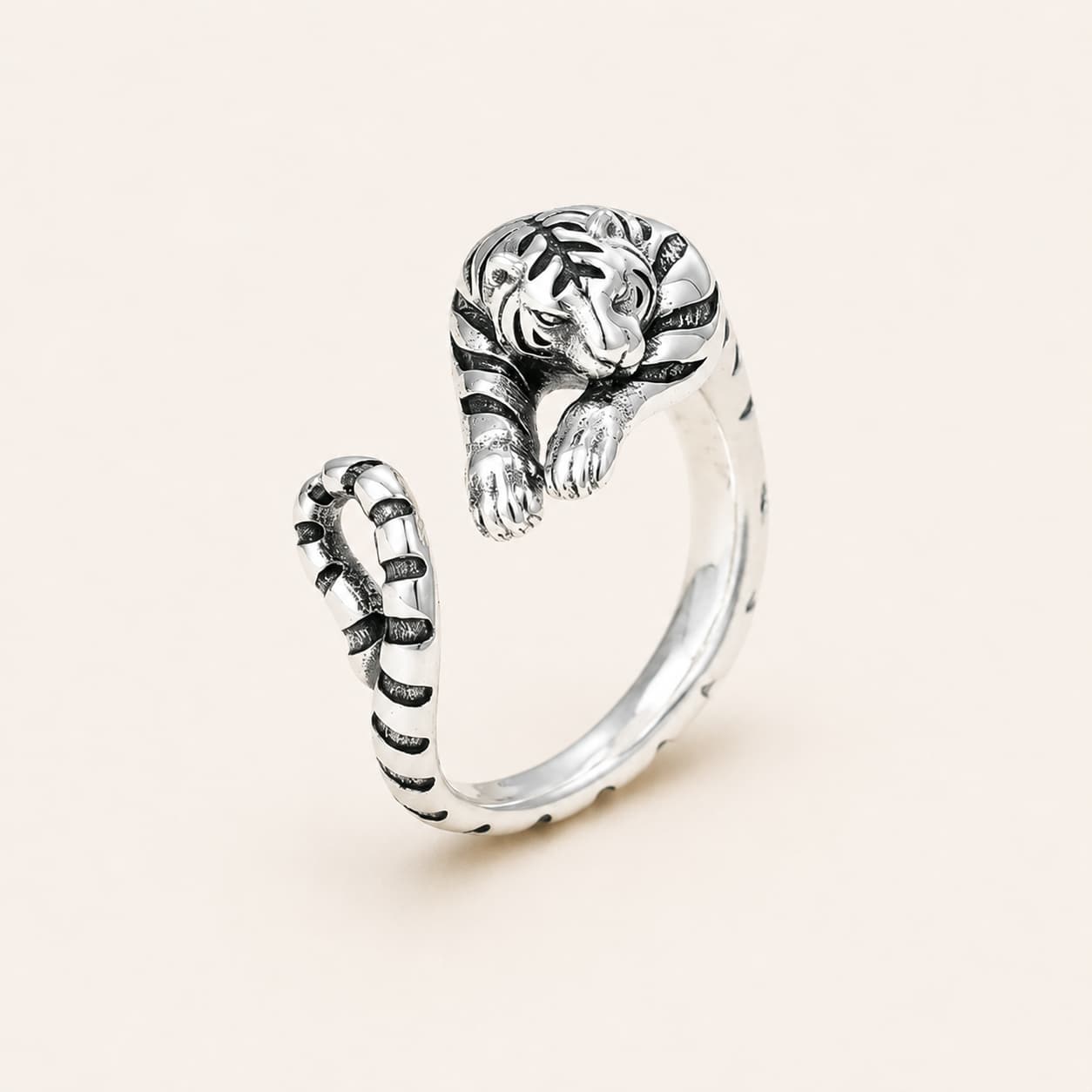 Silver Zodiac Tiger Adjustable Open Ring