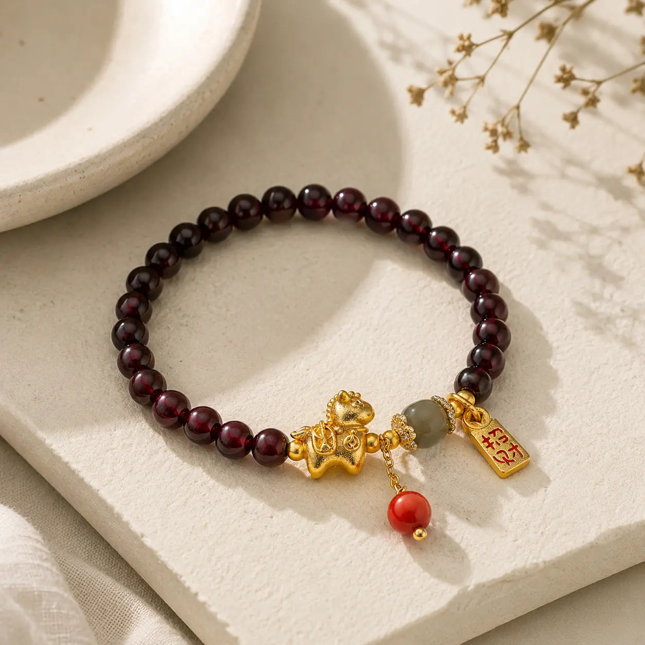 Garnet Horse Charm Bracelet