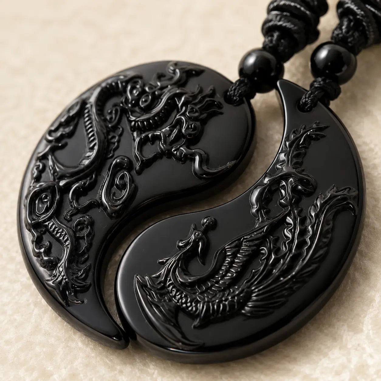 Bound Together Dragon Phoenix Obsidian Couple Pendants
