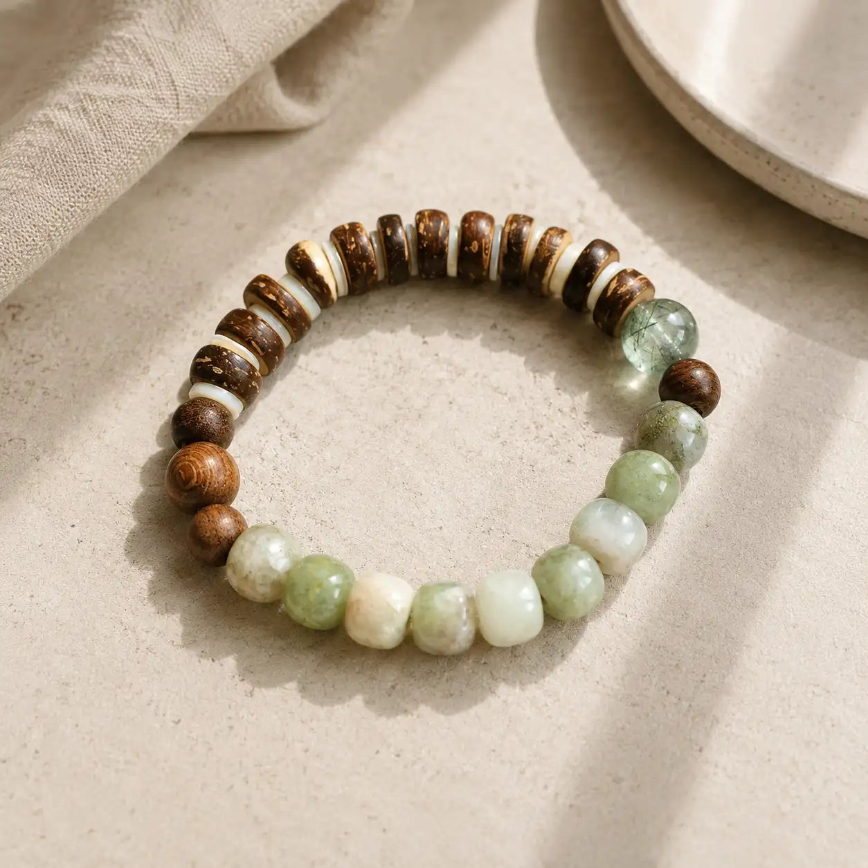 Green Stone & Wood Bead Clarity Bracelet