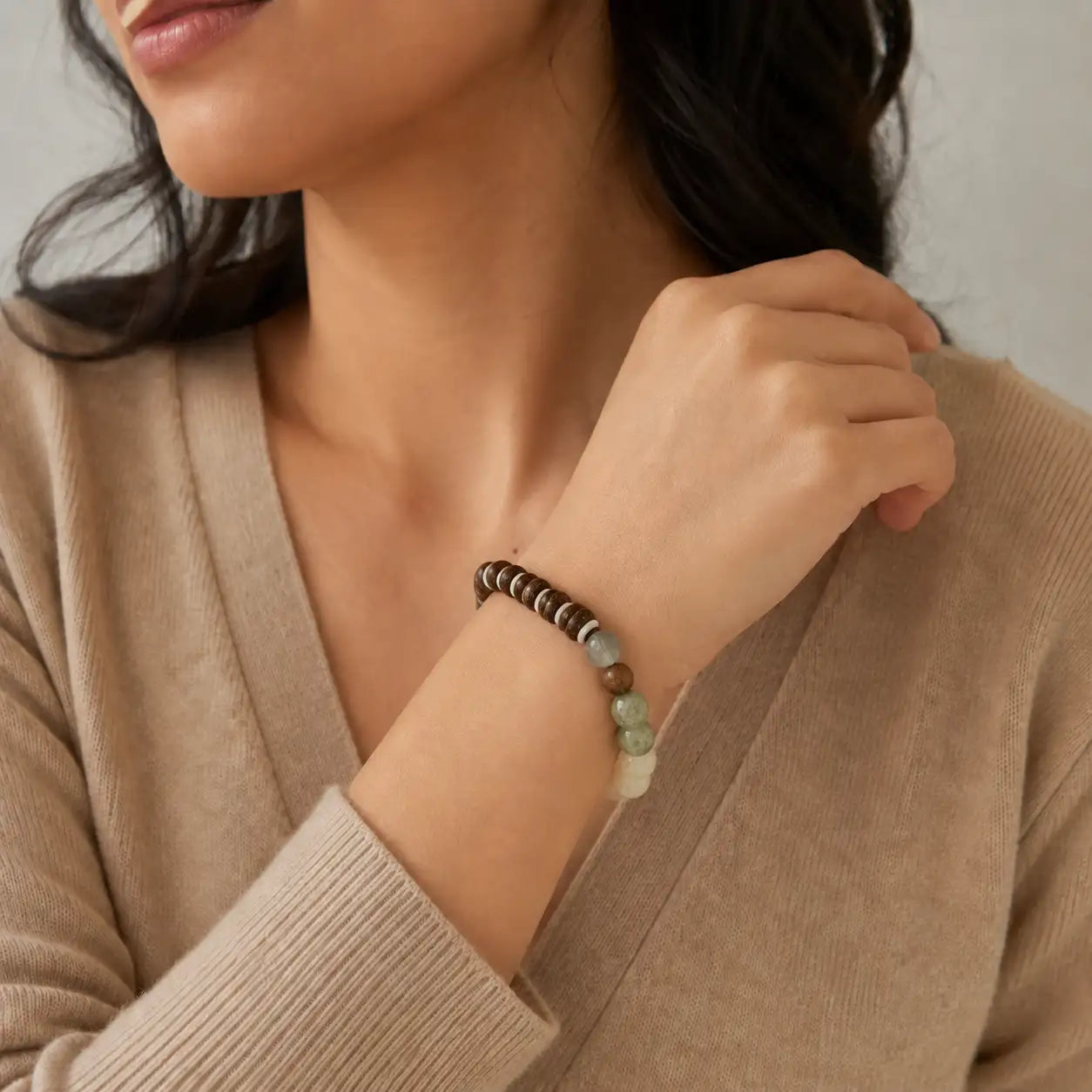 Green Stone & Wood Bead Clarity Bracelet