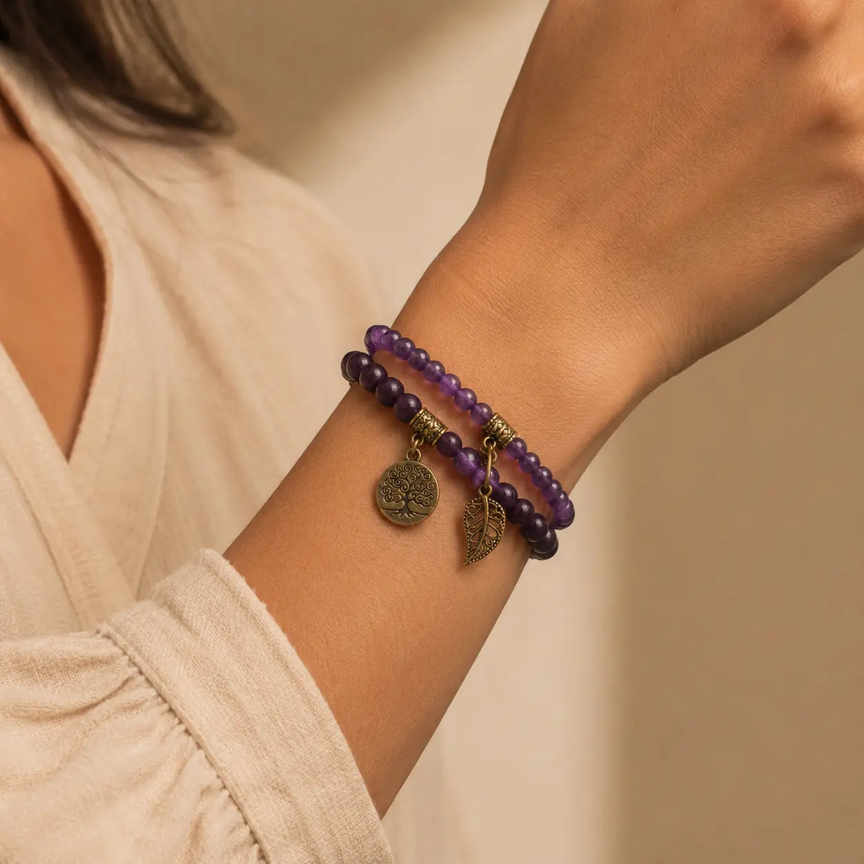 Tree of Life Purple Crystal Couple Bracelet Set
