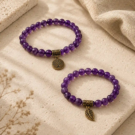 Tree of Life Purple Crystal Couple Bracelet Set