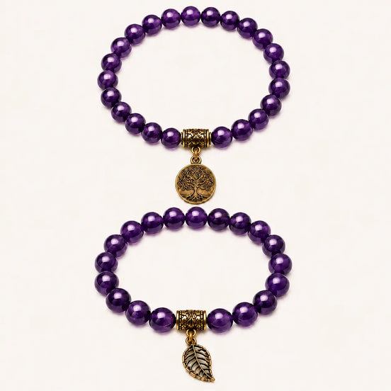 Tree of Life Purple Crystal Couple Bracelet Set