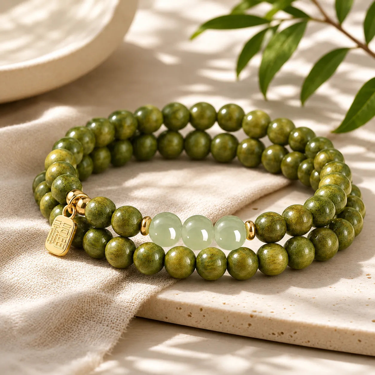 Calm Wood Jade Double Wrap Bracelet
