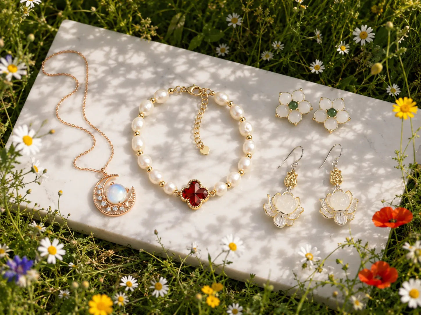 Pearl bracelet, necklace, and earrings displayed on marble among wildflowers