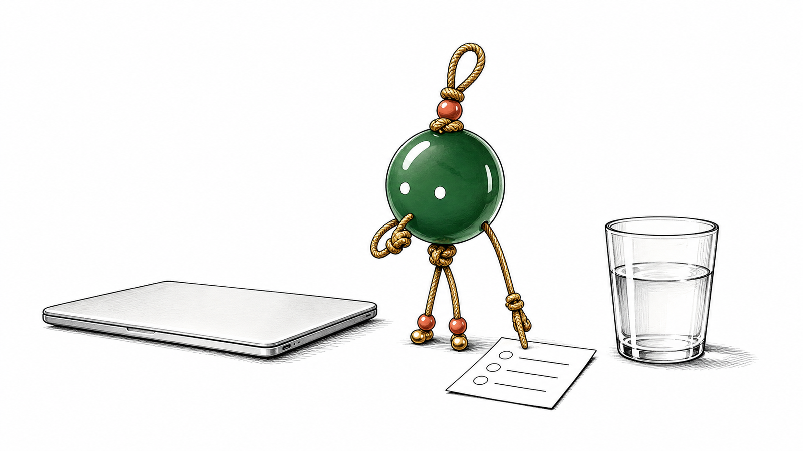 TheFuMaster bead person arranging resume notes and blue white color swatches before a job interview