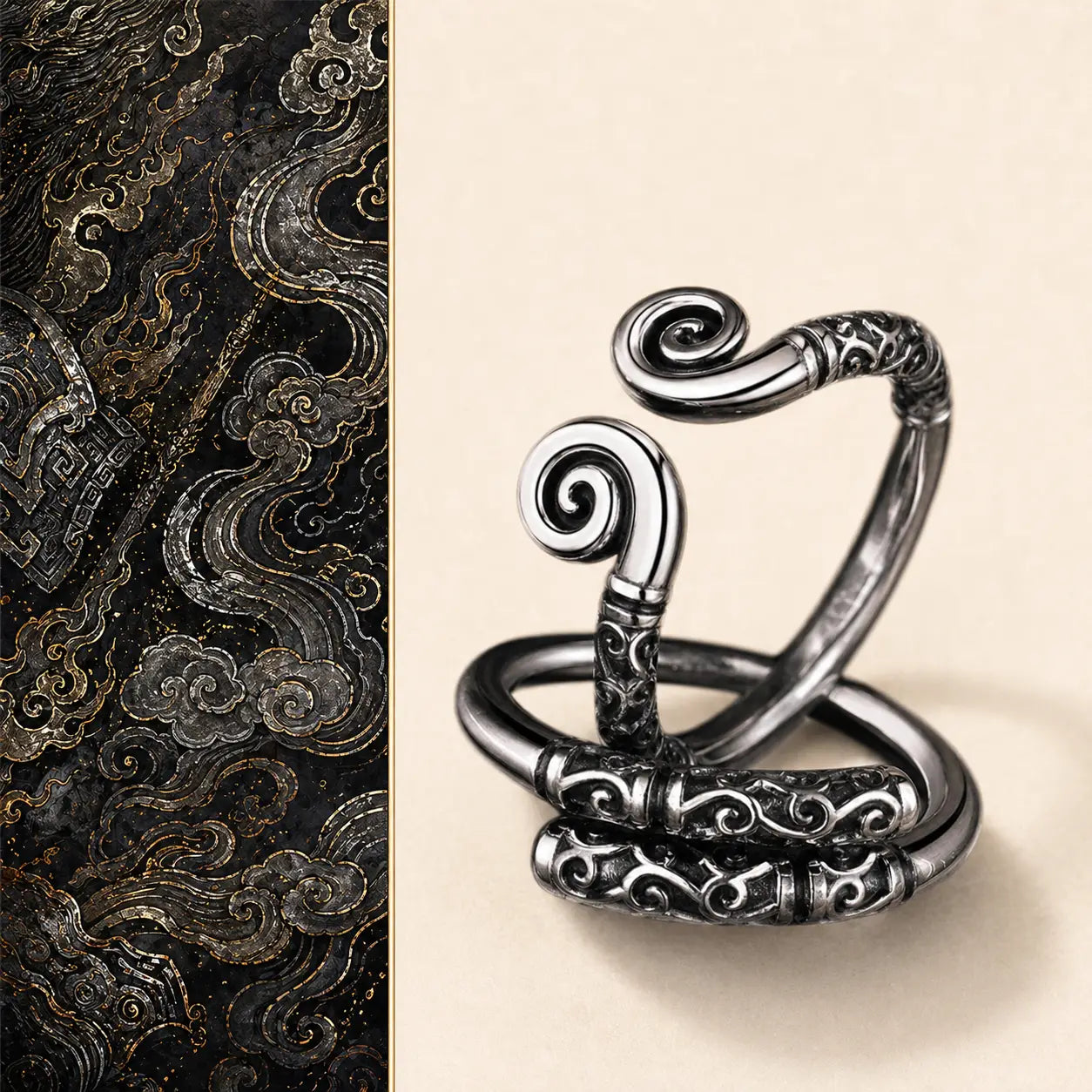 Black Myth Wukong Retro Punk Gothic Ring for men with silver carved design by TheFuMaster