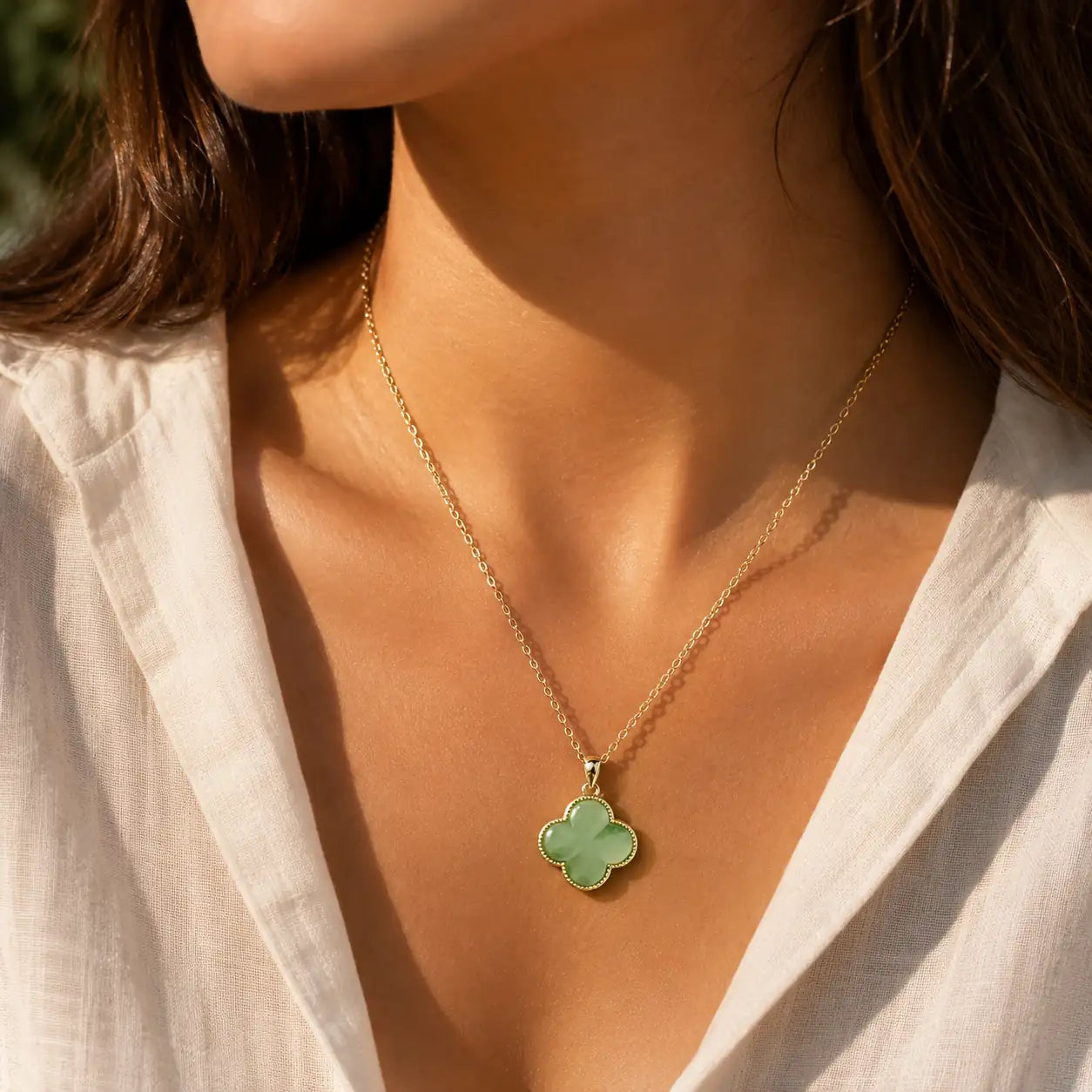 Jade clover necklace detail image for luck energy by TheFuMaster
