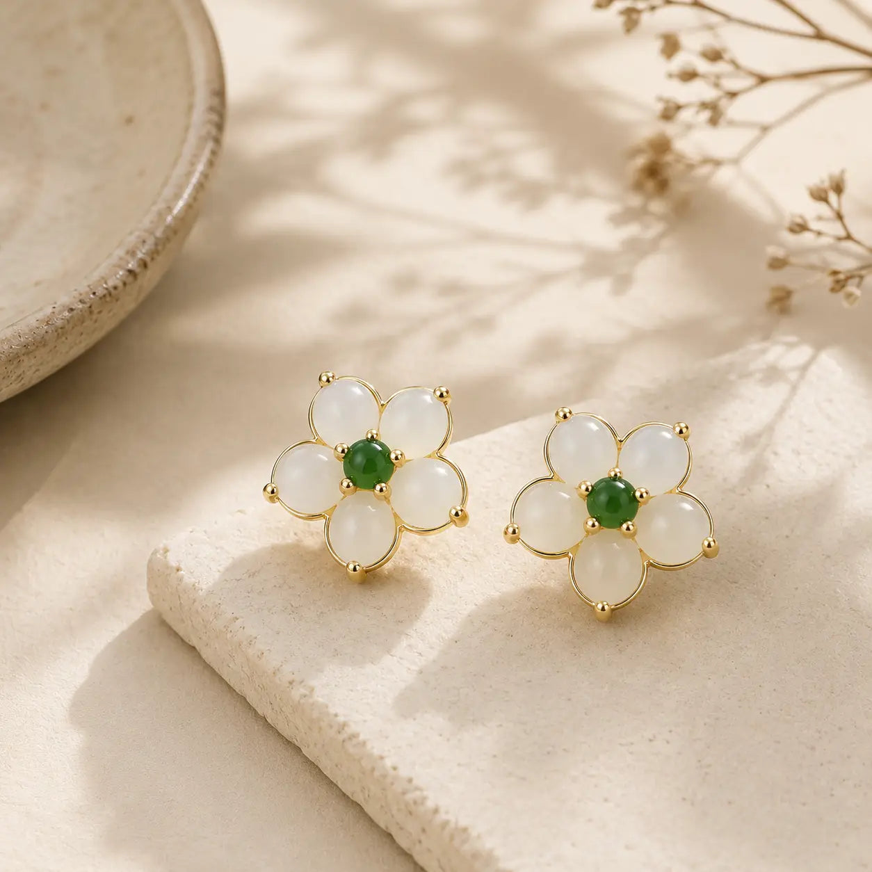 Jade Four-Petal Stud Earrings detail view with green jade