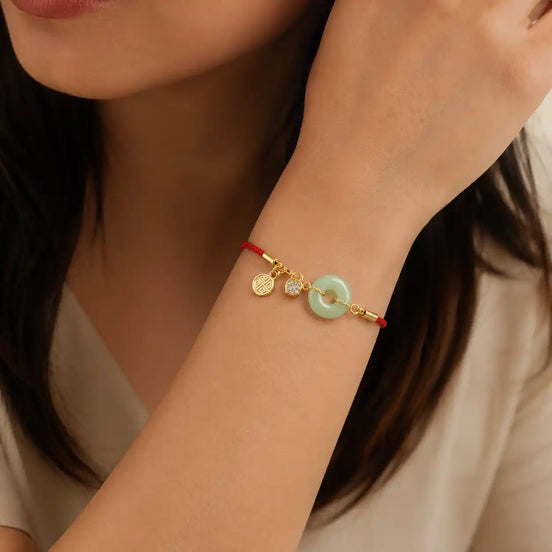 Jade Fu peace bracelet worn on the wrist