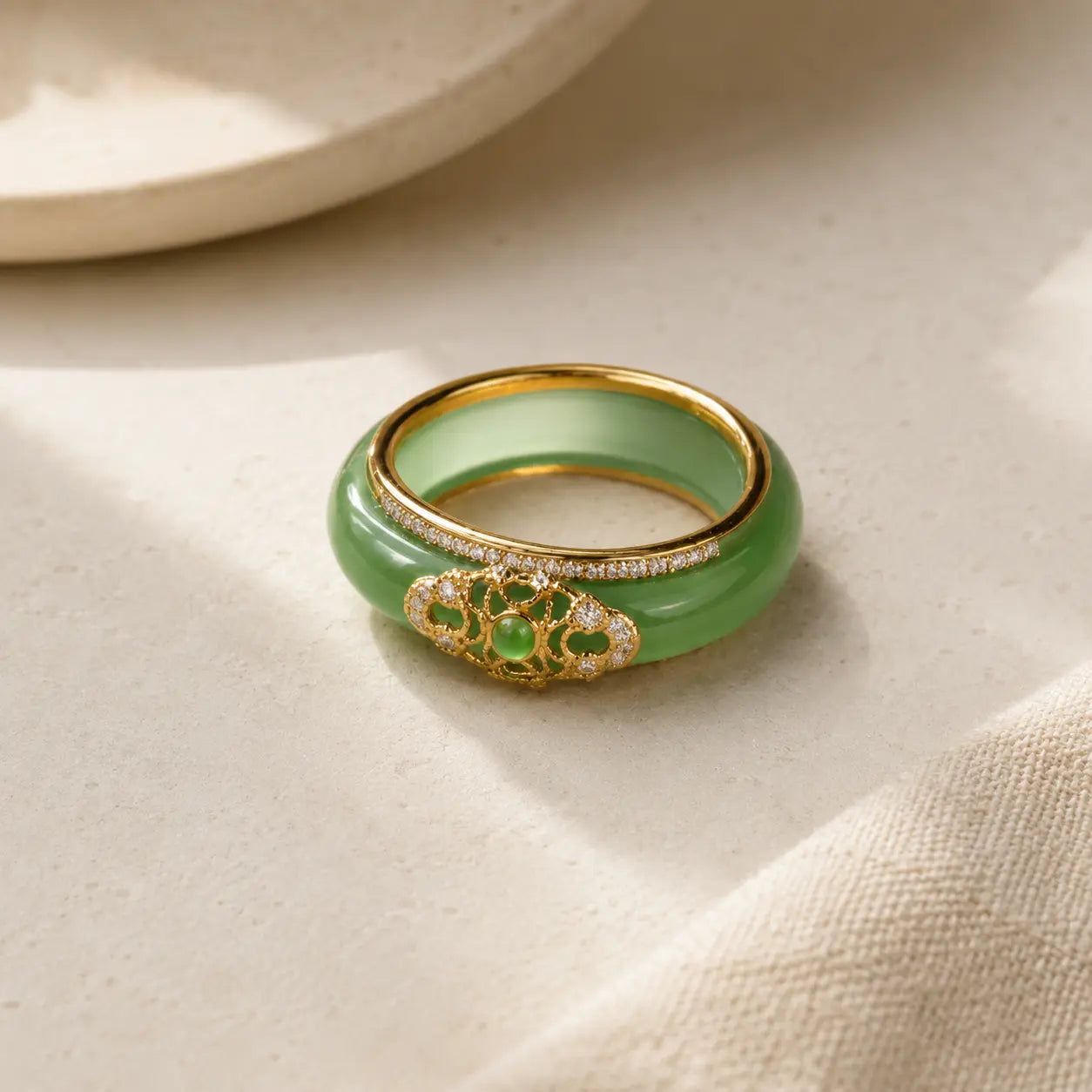Jade Green Chalcedony Wide Band Statement Ring shown from another angle with chalcedony